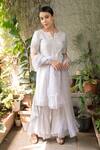Pooja Kankariya_Blue Silk Embroidery Nakshi Notched Round Zari Fringed Garden Sleeves Kurta Set _Online_at_Aza_Fashions