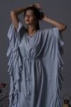 Pooja Kankariya_Blue Crepe, Silk Pearls, Beads Round Neck Meadow Embellished Kaftan With Inner _Online_at_Aza_Fashions