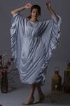 Buy_Pooja Kankariya_Blue Crepe, Silk Pearls, Beads Round Neck Meadow Embellished Kaftan With Inner _at_Aza_Fashions