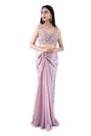 Pooja Kankariya_Pink Organza, Tulle, Crepe Solid Pre-draped Saree Embellished Bustier Set _at_Aza_Fashions