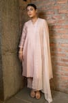 Shop_Pooja Kankariya_Pink Chanderi Silk Threadwork V-neck Solid Kurta Set With Dupatta _at_Aza_Fashions