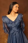 Pooja Kankariya_Blue Organza Solid V-neck Ruffle Dress _Online_at_Aza_Fashions