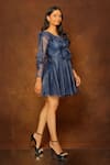 Buy_Pooja Kankariya_Blue Organza Solid V-neck Ruffle Dress _Online_at_Aza_Fashions