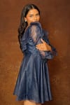 Shop_Pooja Kankariya_Blue Organza Solid V-neck Ruffle Dress _Online_at_Aza_Fashions