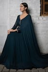 Shop_Pooja Kankariya_Green Georgette Embellished Sequin V-neck Draped Gown _at_Aza_Fashions