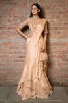 Buy_Pooja Kankariya_Beige Tulle Embellished Sequin Scoop Solid Layered Pre-draped Saree With Blouse _at_Aza_Fashions