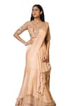 Pooja Kankariya_Beige Tulle Embellished Sequin Scoop Solid Layered Pre-draped Saree With Blouse _Online_at_Aza_Fashions