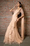 Shop_Pooja Kankariya_Beige Tulle Embellished Sequin Scoop Solid Layered Pre-draped Saree With Blouse _Online_at_Aza_Fashions