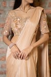 Pooja Kankariya_Beige Tulle Embellished Sequin Scoop Solid Layered Pre-draped Saree With Blouse _at_Aza_Fashions