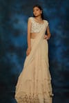 Buy_Pooja Kankariya_Beige Georgette Solid Ruffled Pre-draped Saree With Embellished Blouse _at_Aza_Fashions