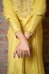 Pooja Kankariya_Yellow Raw Silk Embroidered Zardozi Notched Floral Kurta Pant Set _at_Aza_Fashions