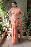 Buy_Pooja Kankariya_Peach Chiffon Embellished Crystal Cutwork Border Saree With Blouse _at_Aza_Fashions