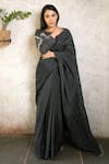 Buy_Pooja Kankariya_Grey Habutai Silk Embellished Crystal Round Hanging Saree With Blouse _at_Aza_Fashions