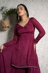 Pooja Kankariya_Purple Chiffon Embellished Bead V Neck Kurta Set _at_Aza_Fashions