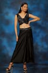 Buy_Pooja Kankariya_Black Silk Embellished Wire Blunt V Neck 3d Floral Blouse And Draped Skirt Set _at_Aza_Fashions