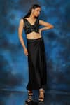 Pooja Kankariya_Black Silk Embellished Wire Blunt V Neck 3d Floral Blouse And Draped Skirt Set _Online_at_Aza_Fashions