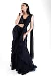 Buy_Pooja Kankariya_Black Chiffon Embellished Bead Blunt Pre-draped Layered Skirt Saree With Blouse _Online_at_Aza_Fashions