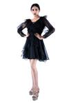 Buy_Pooja Kankariya_Black Silk Organza Plain V Neck Ruffle Dress _at_Aza_Fashions