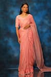 Buy_Pooja Kankariya_Pink Organza Embellished Pearl V Neck Scallop Border Saree With Blouse _at_Aza_Fashions