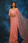 Pooja Kankariya_Pink Organza Embellished Pearl V Neck Scallop Border Saree With Blouse _at_Aza_Fashions