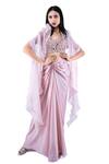 Buy_Pooja Kankariya_Pink Tulle Embroidery Pearl Cape Open Feather Skirt Set _at_Aza_Fashions