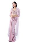 Buy_Pooja Kankariya_Pink Tulle Embroidery Pearl Cape Open Feather Skirt Set _Online_at_Aza_Fashions