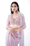 Shop_Pooja Kankariya_Pink Tulle Embroidery Pearl Cape Open Feather Skirt Set _Online_at_Aza_Fashions