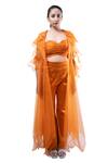 Buy_Pooja Kankariya_Orange Organza Solid Jacket Lapel Collar Sheer Ruffle Pant Set _at_Aza_Fashions