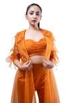 Pooja Kankariya_Orange Organza Solid Jacket Lapel Collar Sheer Ruffle Pant Set _at_Aza_Fashions