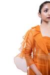 Buy_Pooja Kankariya_Orange Organza Solid Jacket Lapel Collar Sheer Ruffle Pant Set 