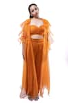 Shop_Pooja Kankariya_Orange Organza Solid Jacket Lapel Collar Sheer Ruffle Pant Set 