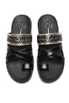 Shop_NIDHI BHANDARI_Black Embroidered Metallic Cross Strap Flats _at_Aza_Fashions