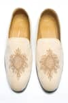 Shop_NIDHI BHANDARI_Beige Embroidered Suede Moccasins _at_Aza_Fashions