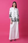 Manish Nagdeo_White Luxury Crepe Print Floral Notched Radiance Top With Pant _at_Aza_Fashions