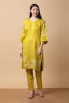 Buy_Manish Nagdeo_Yellow Kurta Linen Satin Embroidery Floral Round Dori And Pant Set _Online_at_Aza_Fashions