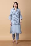 Buy_Manish Nagdeo_Blue Kurta Bamboo Muslin Embroidery Floral V-neck Thread With Pant _at_Aza_Fashions