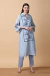 Manish Nagdeo_Blue Kurta Bamboo Muslin Embroidery Floral V-neck Thread With Pant _Online_at_Aza_Fashions