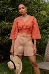 Buy_RIVI_Peach Hemp Embroidered Thread V-neck Apricot Kantha Crop Top With Shorts _at_Aza_Fashions