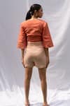 Shop_RIVI_Peach Hemp Embroidered Thread V-neck Apricot Kantha Crop Top With Shorts _at_Aza_Fashions