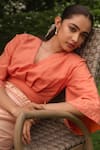 Shop_RIVI_Peach Hemp Embroidered Thread V-neck Apricot Kantha Crop Top With Shorts _Online_at_Aza_Fashions