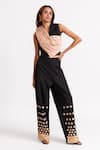 Buy_RIVI_Black Hemp Patchwork V-neck Champagne Chic Draped Top With Pant _at_Aza_Fashions