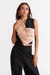 RIVI_Black Hemp Patchwork V-neck Champagne Chic Draped Top With Pant _Online_at_Aza_Fashions