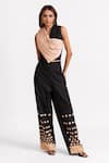 RIVI_Black Hemp Patchwork V-neck Champagne Chic Draped Top With Pant _at_Aza_Fashions