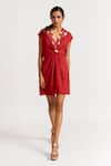 Buy_RIVI_Red Hemp Embroidered Thread Lapel Collar Ember Embellished Blazer Dress _at_Aza_Fashions