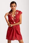 RIVI_Red Hemp Embroidered Thread Lapel Collar Ember Embellished Blazer Dress _Online_at_Aza_Fashions