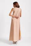 Shop_RIVI_Beige Hemp Hand Paint V-neck Golden Hour Gala Asymmetric Dress _at_Aza_Fashions