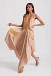 Buy_RIVI_Beige Hemp Hand Paint V-neck Golden Hour Gala Asymmetric Dress _Online_at_Aza_Fashions