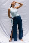 Buy_RIVI_Blue Hemp Solid Asymmetric Mist One Shoulder Top With Pant _at_Aza_Fashions