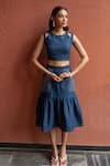 Buy_RIVI_Blue Hemp Hand Embroidered Katha Round Oceanic Shoulder Cut-out Top With Skirt _at_Aza_Fashions