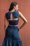 Shop_RIVI_Blue Hemp Hand Embroidered Katha Round Oceanic Shoulder Cut-out Top With Skirt _at_Aza_Fashions